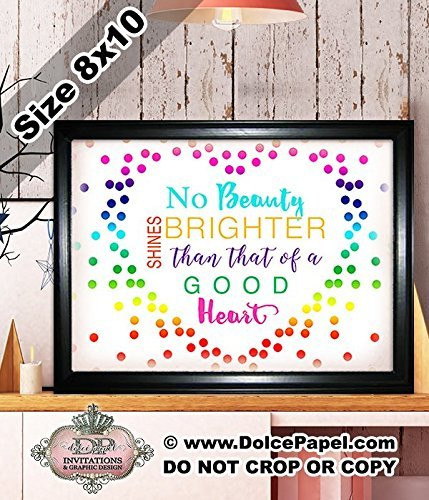Shimmery Metallic NO BEAUTY SHINES BRIGHTER THAN THAT OF A GOOD HEART Quote Modern Art Deco Framed Art Print Size 8x10 Black Frame
