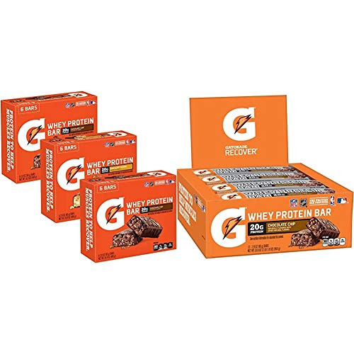 Gatorade Whey Protein Bars  Variety Pack  2.8 oz bars  Pack of 18   and  Whey Protein Recover Bars  Chocolate Chip  2.8 ounce bars  12 Count
