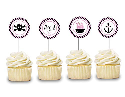 Girl Pirate Cupcake Toppers 12 PCS  Pink Nautical Cake Picks  Baby Shower  Birthday Party Decorations Supplies  Sailor Themed