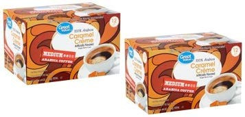 Great Value 100 Percent Arabica Caramel Crème Coffee Pods  Medium Roast  12 Count- 0.37 each  Pack of 2