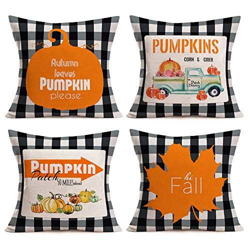 Gulidi Pack of 4 Fall Buffalo Plaids Pumpkin Patch Leaves Harvest Truck Cotton Linen Throw Pillow Case Farmhouse Decorative Autumn Holiday Blessings Cushion Cover 18x18 Inch Thanksgiving Decorations Gulidi Pack of 4 Fall Buffalo Plaids Pumpkin Patch Leaves Harvest Truck Cotton Linen Throw Pillow Case Farmhouse Decorative Autumn Holiday Blessings Cushion Cover 18x18 Inch Thanksgiving Decorations