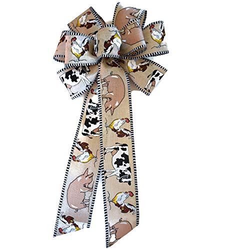 10 inch  Wired Farm Animal on Natural Linen Wreath Bow