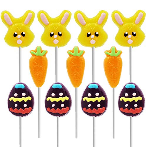 Happy Easter Lollipops Suckers  Colorful Easter Eggs  Yellow Bunny Rabbit  Orange Carrot Designs Fat-Free  Individually Wrapped Easter Pops  12-Pack