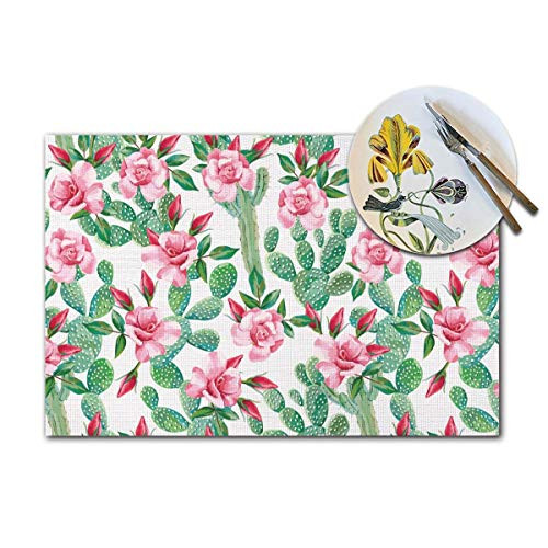 BJHAP Placemats Set of 6 for Dining Table Tropical Cactus Rose Flowers Washable Woven Vinyl Placemat Non-Slip Heat Resistant Kitchen Table Mats