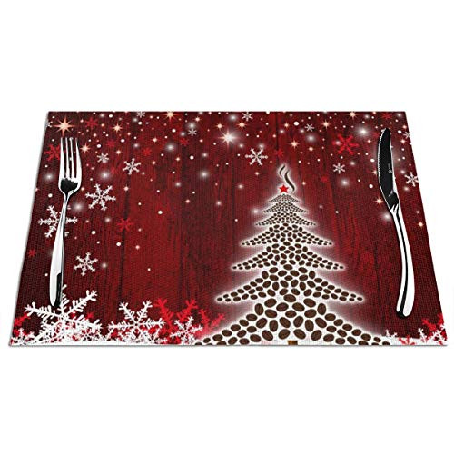 BJHAP Placemats Set of 6 for Dining Table Christmas Tree Coffee Beans Snowflake Washable Woven Vinyl Placemat Non-Slip Heat Resistant Kitchen Table Mats