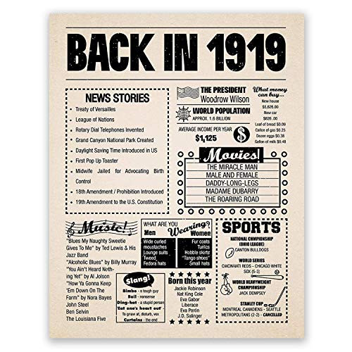 11x14 1919 Birthday Gift    Back in 1919 Newspaper Poster    102nd Birthday Gift    102nd Party Decoration    102nd Birthday Sign    Born in 1919 Print