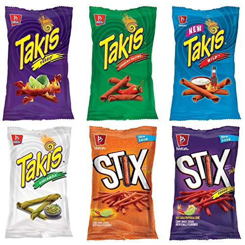 Takis Variety Pack - Takis Fuego  Takis Crunchy Fajitas  Takis Wild  Guacamole Takis  Fuego Stix  and  Chili  and  Lime Stix  Six 9.9 Ounce Bags of Takis Chips