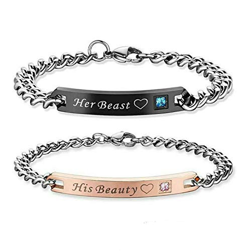 Jemant Couples Bracelets Engraved Her Beast His Beauty for Him Her Boyfriend Girlfriend Black Pink Stainless Steel Matching Promise Bracelets for Couples Set 2  Her Beast His Beauty