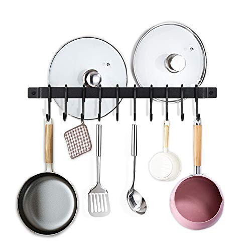 Jucoan 17 Inches Kitchen Rail Rack with 10 Removable Hooks  Wall Mounted Utensil Hanging Rail  Rustic Iron Pot Pan Lid Hanger Organizer  Black