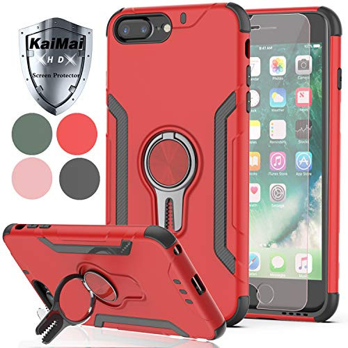 KaiMai iPhone 8 Plus iPhone 7 Plus iPhone 6 Plus iPhone 6s Plus Case with HD Screen Protector Ring Magnetic Holder Kickstand Dual Layers of Shockproof Phone Case for iPhone 7 Plus 5.5 inch -LJ-Red