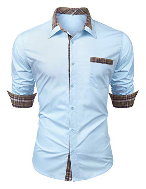 LecGee Men s Plaid Collar Cotton Casual Long Sleeve Button Down Regular Fit Dress Shirt with Pocket Light Blue LecGee Men s Plaid Collar Cotton Casual Long Sleeve Button Down Regular Fit Dress Shirt with Pocket Light Blue