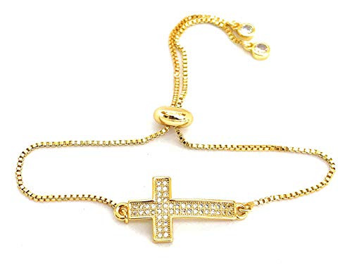 LESLIE BOULES Gold Cross Bracelet for Women 18K Plated Adjustable Chain Religious Jewelry