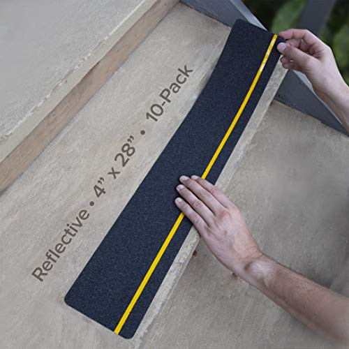 LifeGrip Anti Slip Traction Treads with Reflective Stripe 10-Pack 4 inch X 28 inch Best Grip Tape Grit Non Slip Outdoor Non Skid Tape High Traction Friction Abrasive Adhesive for Stairs Step Black LifeGrip Anti Slip Traction Treads with Reflective Stripe 10-Pack 4 inch X 28 inch Best Grip Tape Grit Non Slip Outdoor Non Skid Tape High Traction Friction Abrasive Adhesive for Stairs Step Black