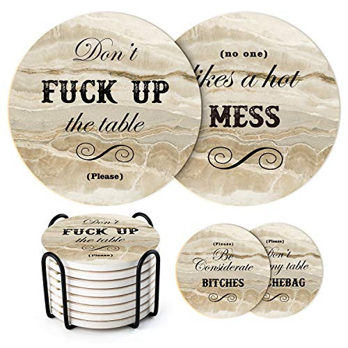 LIFVER Funny Coasters for Drinks Absorbent with Holder 8 Set Coasters with Cork Base  Ceramic Marble Style Drink Coaster with 4 Sayings for Wooden Table  Bar  Housewarming Gifts