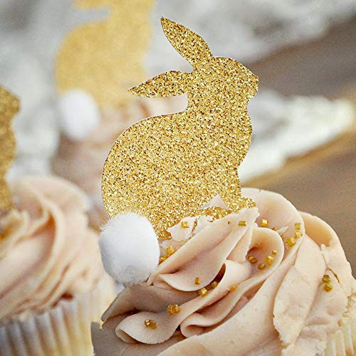 Easter Bunny Cupcake Toppers 12CT. Gold Bunny Cupcake Toppers with White Pom Poms. Bunny Cupcake Picks.