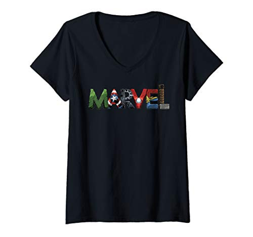 Womens Marvel Avengers Character Text Portrait V-Neck T-Shirt