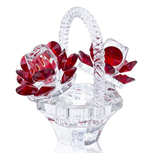 H and D HYALINE  and  DORA Crystal Red Rose Flower Basket Crystal Collectible Figurines Ornaments for Home Decor Table Centerpiece