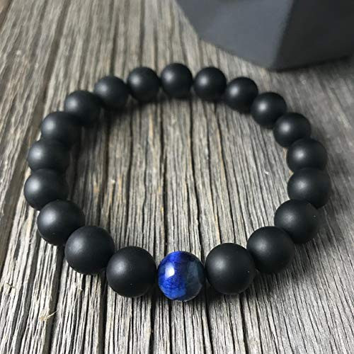 Men s Beaded Bracelet  8mm or 10mm Matte Onyx and Single Blue Tiger Eye Stretch Bracelet  Gemstone Beaded Bracelet