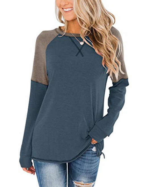 Bingerlily Women s Casual Long Sleeve Tunic Tops Crew Neck Color Block Blouses  Small  Navy