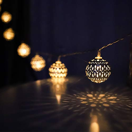 LED Globe String Lights  Warm White Moroccan Lights  Battery Powered  Unique Pattern  20 Silver Metal Globes  with Battery Save Timer  for Indoor and Outdoor 10ft