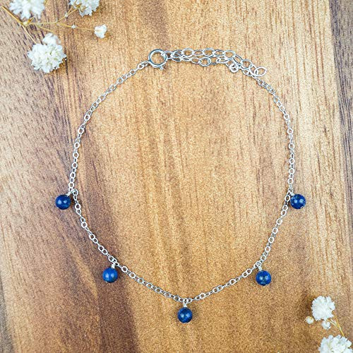 Boho lapis lazuli gemstone dangle bead drop anklet in 925 sterling silver - 9 inch wide with 2 inch adjustable extender - September birthstone Boho lapis lazuli gemstone dangle bead drop anklet in 925 sterling silver - 9 inch wide with 2 inch adjustable extender - September birthstone