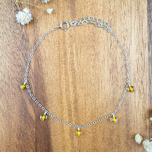 Boho citrine gemstone dangle bead drop anklet in 925 sterling silver - 9 inch  wide with 2 inch  adjustable extender - November birthstone