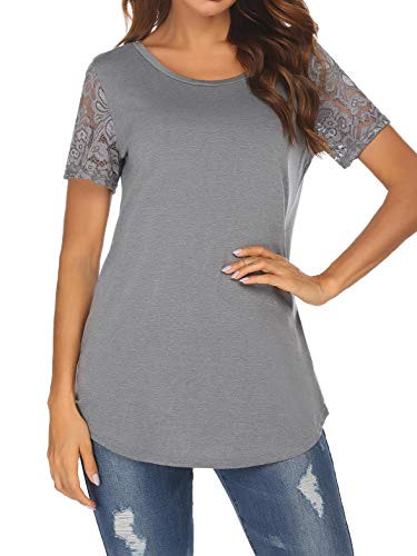 Naggoo Women Plain Lace Blouse Casual Loose Fit Tunic Tee Top Blouse Shirt Gray  XL