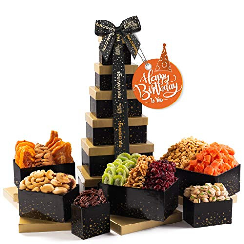 Happy Birthday Nut  and  Dried Fruit Tower Gift Basket   12 Mix  - Valentine Food Arrangement Platter  Care Package Variety  Prime Birthday Assortment  Healthy Kosher Snack Box for Women  Men  Adults