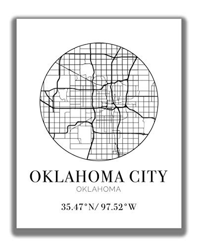 Oklahoma City OK City Street Map Wall Art - 11x14 UNFRAMED Modern Abstract Black  and  White Aerial View Decor Print with Coordinates. Makes a great Oklahoma City-Themed Gift.