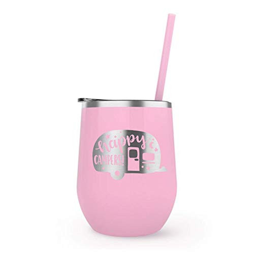 Pink Happy Campers Camp Fire Travel Tumbler Stemless Wine Glass w Straw Funny Gift for Women