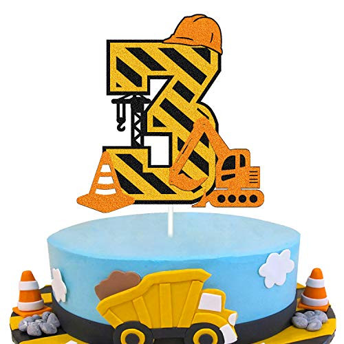 Construction 3th Birthday Cake Topper for Kids Boy Girl Truck Excavator Forklift Dump Bulldozer Road Roller Engineering Themed Three Year Old Happy Birthday Party Supplies