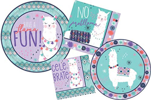 Llama Theme Party Supplies  Bundle Includes Dinner and Dessert Plates  Lunch and Beverage Napkins for 16 People in a Whimsical Pun-Filled Design