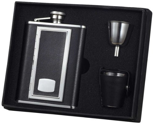 Visol SP Black Leather Deluxe Flask Gift Set, 6-Ounce, Black