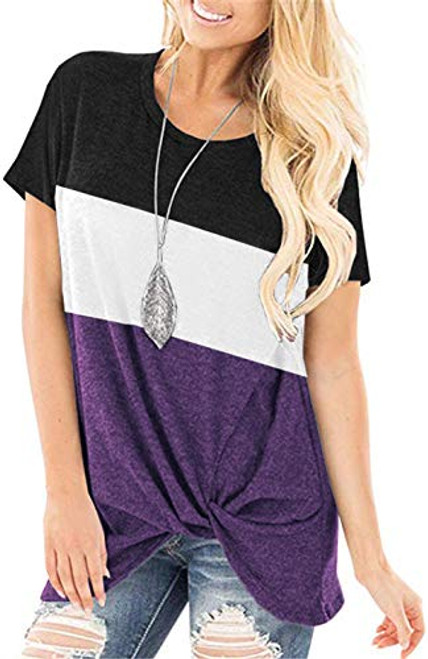 onlypuff Purple Shirts for Women Knotted Tops Twist Front Color Block Tunic L onlypuff Purple Shirts for Women Knotted Tops Twist Front Color Block Tunic L