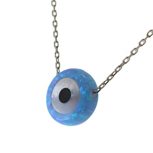 Mini Light Blue Created Opal Round Evil Eye Amulet Pendant Necklace with Sterling Silver Chain 16 Plus1 inches