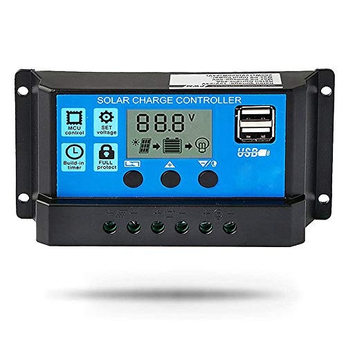 Temank Solar Charge Controller 12V 24V Auto  10A Solar Panel Battery Controller 10Amp PWM Solar Regulator with Dual USB LCD fit for Small Solar System