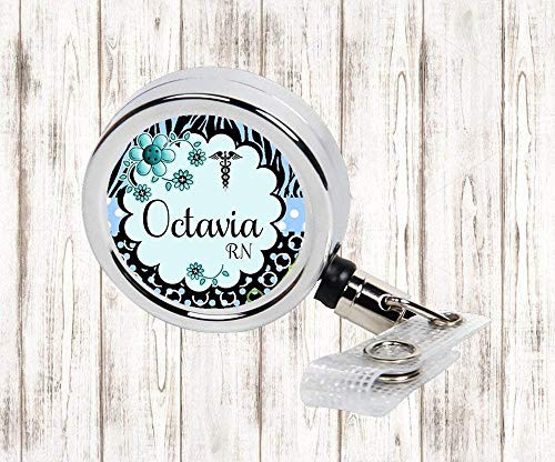 Blue Floral Caduceus Nurse RN LPN CNA CMA Personalized Retractable Badge Reel  ID Holder