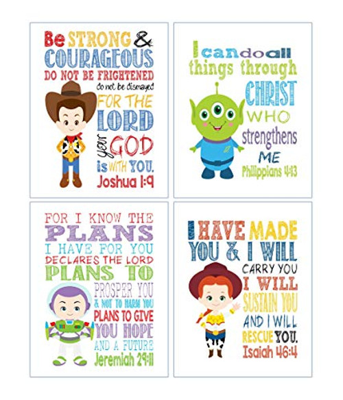 Toy Story Christian Nursery Decor Set of 4 Prints - Woody Buzz Lightyear Jessie and Alien with Bible Verses Toy Story Christian Nursery Decor Set of 4 Prints - Woody Buzz Lightyear Jessie and Alien with Bible Verses