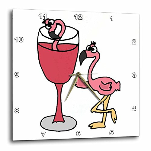 3dRose Funny Pink Flamingo Next to Red Wine Glass-Wall Clock, 10-inch (DPP_196252_1)