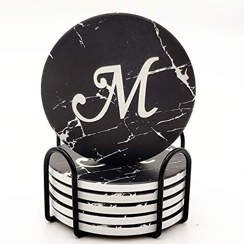 Monogram Coasters For Drinks Absorbent Coaster Set of 6 with Holder Black Marble Style Ceramic Drink Coaster Sets With Cork Base Monogrammed Letter M Monogram Coasters For Drinks Absorbent Coaster Set of 6 with Holder Black Marble Style Ceramic Drink Coaster Sets With Cork Base Monogrammed Letter M