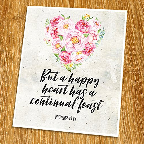 Proverbs 15 15 But a happy heart has a continual feast Print  Unframed   Wedding bible verse  Scripture Print  Love quote  Christian Wall Art  Church decor  8x10 inch   TC-088