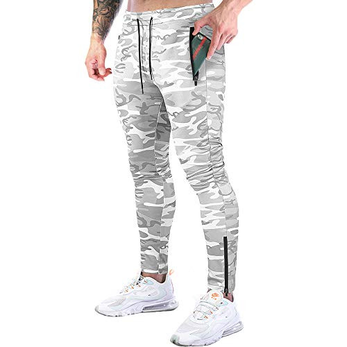 Rexcyril Men s Gym Jogger Pants  Slim Fit Workout Running Athletic Track Pants Tapered Sweatpants with Zipper Pockets  Light Gtey Camo  Medium
