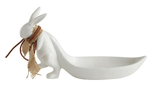 Creative Co-op White Stoneware Rabbit Pulling Leaf Shaped Dish