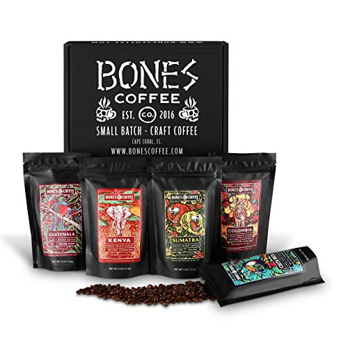 Bones Coffee World Tour Sample Pack  Whole Bean Coffee Sampler Gift Box Set  Pack of 5 Assorted Single-Origin Whole Coffee Beans  Whole Bean