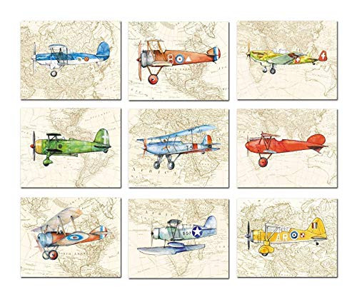 Vintage airplane decor nursery Set 9 prints World map art