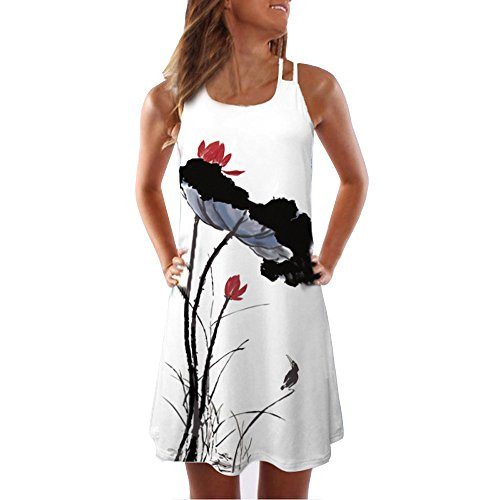 Shakumy Women Summer Sleeveless Boho Vintage Print Short Mini Dress Casual Loose Beach Sundress Tunic Tops T Shirts Dress
