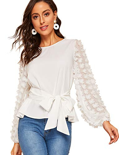 Romwe Women s Mesh Embroidered Floral Sleeve Belted Blouse Top White L