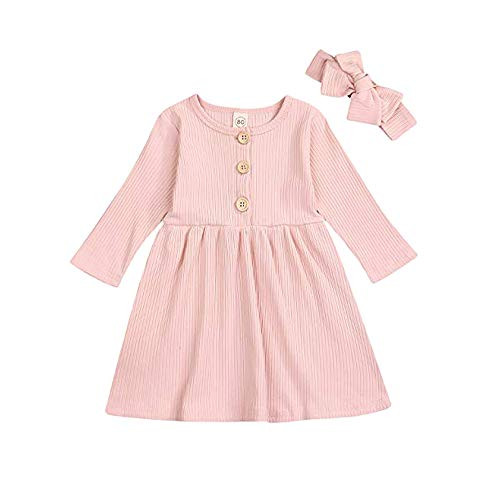 Happy Town Toddler Baby Girl Fall Outfit Casual Dress Solid Long Sleeve Outfit Button Dress with Headband Clothes  Pink  12-18 Months Happy Town Toddler Baby Girl Fall Outfit Casual Dress Solid Long Sleeve Outfit Button Dress with Headband Clothes  Pink  12-18 Months