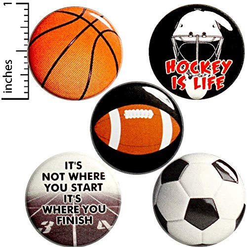 Sports Buttons Pins for Backpacks or Jackets Lapel Pins Badges Football Basketball Soccer Hockey Track 5 Pack Gift Set 1 Inch P33-5