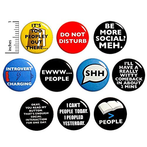 Funny Introvert Buttons Pins for Backpacks or Fridge Magnets 10 Pack Gift Set 1 Inch 10P2-1